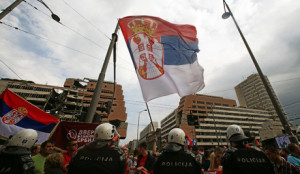 Protest against an EU-sponsored deal to normalise ties between Serbia and breakaway Kosovo on April 22. 2013 in Belgrade, Serbia