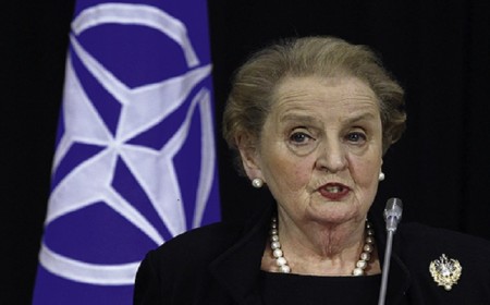 Albright, former U.S. State Secretary addresses a news conference in Brussels